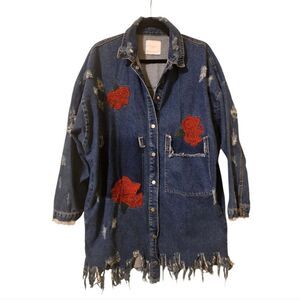 ZARA Oversized Distressed Red Roses Denim Jean Shirt Jacket - Size S/M